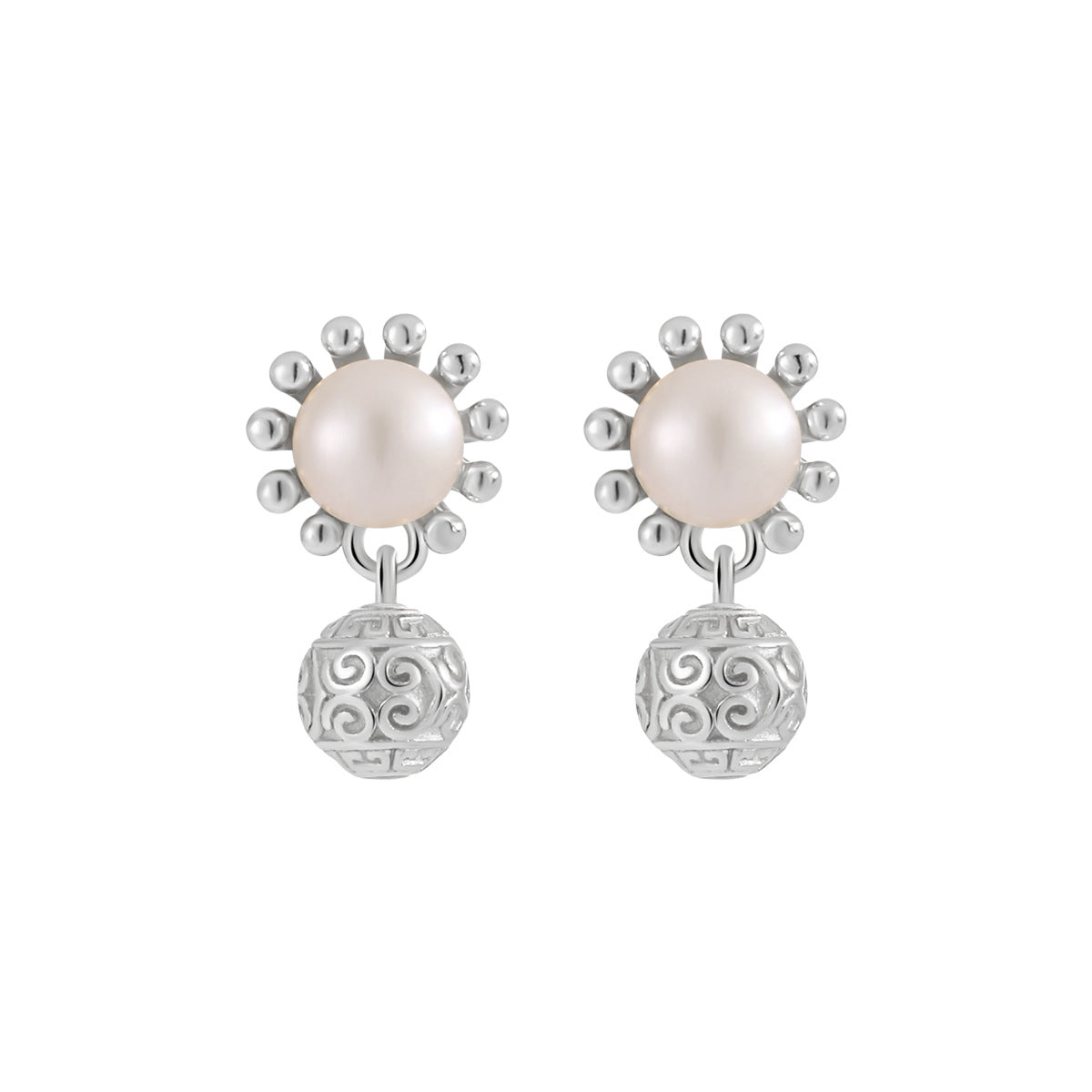 Silver Ball Pendant Pearl Stud Earrings