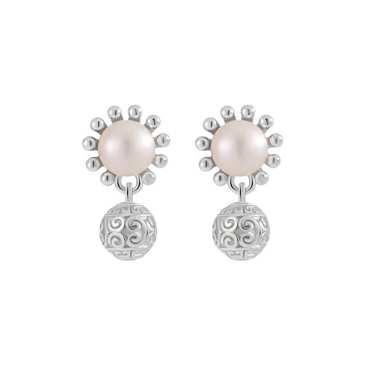 Silver Ball Pendant Pearl Stud Earrings